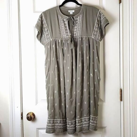 Sundance Boho Green Sequined Embroidered  Dress Tassel Tie Size S Boho - Picture 1 of 10
